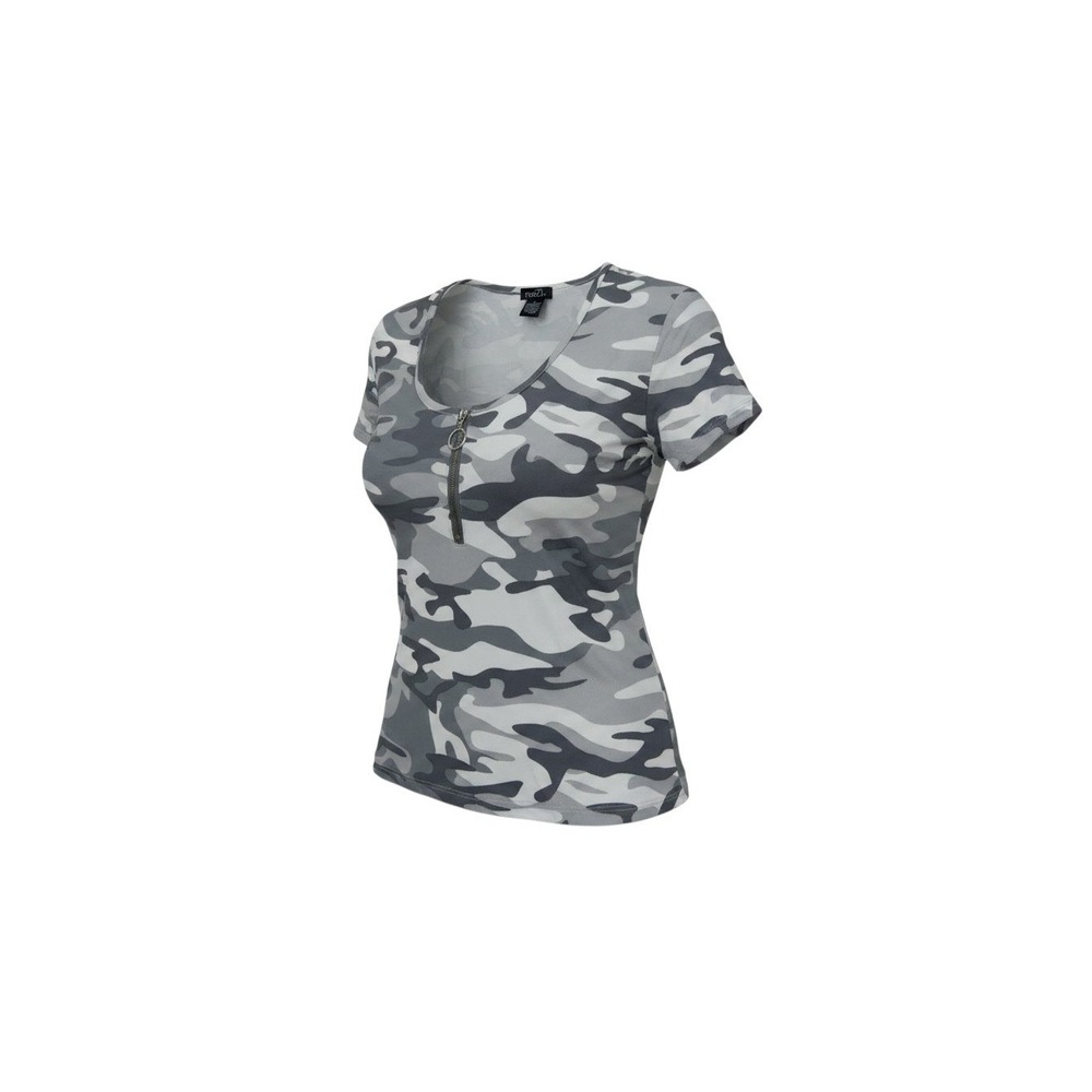Rue21 T-Shirt Womens Large Grey Camo NWT Zipper Scoop Neck Short Sleeve
